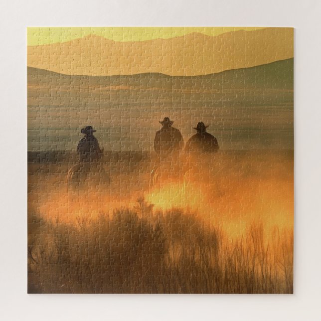 Quebra-cabeça Trio Cowboy: Galope de Fundo Montanhoso. (Vertical)