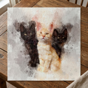 Quebra-cabeça Trio de Aquarela de Lindos Gatinhos Pretos e Laran