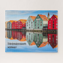 Trondheim Norway Fjord Red and Green Homes Framed