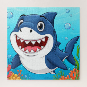 Quebra-cabeça Tubarão de desenho animado sorrindo nadando embaix