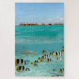 Quebra-cabeça Tubarão que persegue peixes na lagoa tropical de