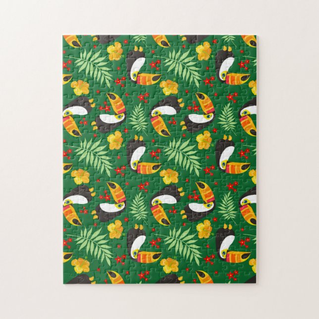 Quebra-cabeça Tucano Folhas Verdes Flor Laranja Vermelha (Vertical)