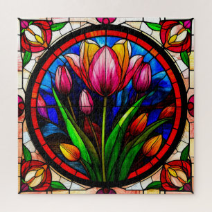 Quebra-cabeça Tulipa Vermelha e Motivos Florais Coloridos