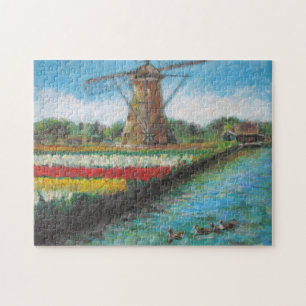 Quebra-cabeça Tulipas e pintura do moinho de vento