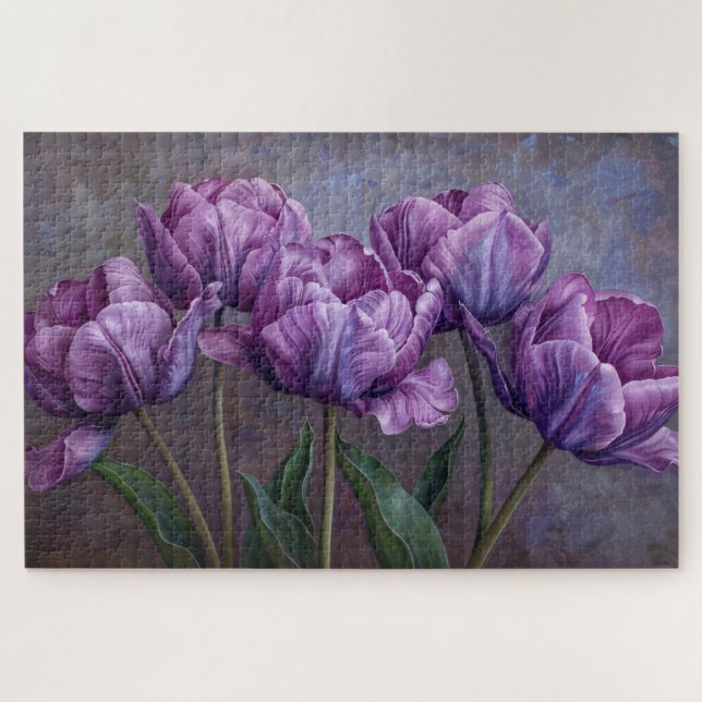 Quebra-cabeça Tulipas Púrpuras Pintura De Óleo Botânico (Horizontal)