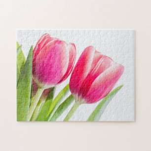 Quebra-cabeça Tulipas Rosa com Foto de Folhas Verdes