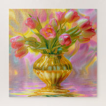 Tulipas Rosa Vibrantes em Vase Ouro
