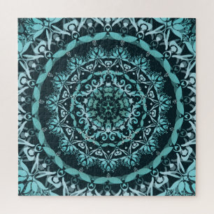 Quebra-cabeça Turquoise Dark Green Damask Mandala