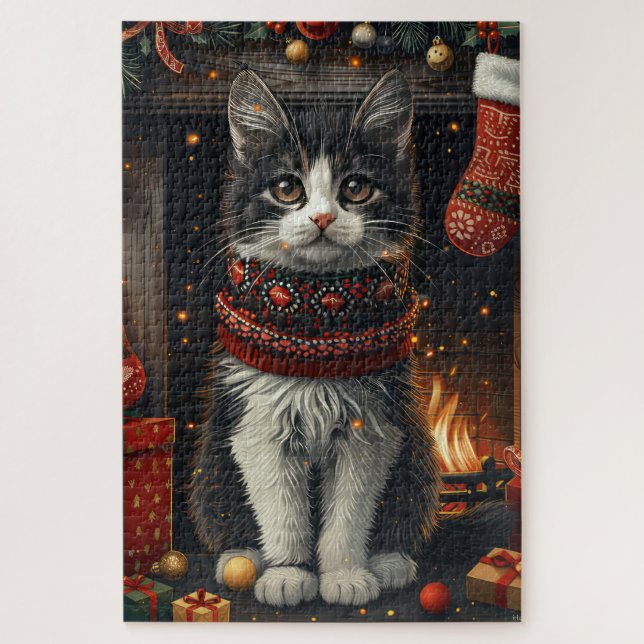 Quebra-cabeça Tuxedo Cat com Lareira de presentes de Natal (Vertical)