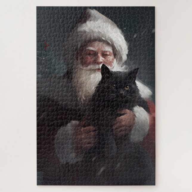 Quebra-cabeça Tuxedo Cat Com Papai Noel Natal Festivo (Vertical)