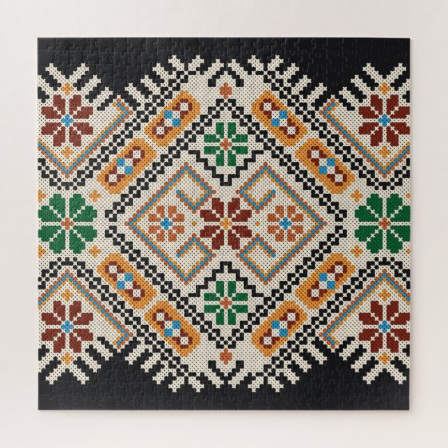 Quebra-cabeça Ucraniano Cross-Stitch: Padrão Étnico Feito À Mão. (Vertical)