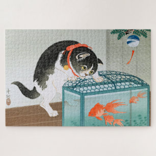 Quebra-cabeça Ukiyoe [Koson] Cat e Goldfish