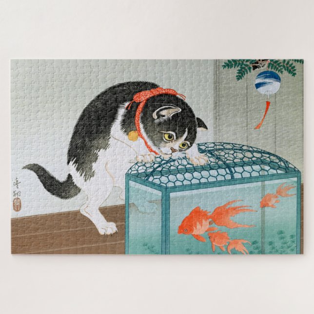 Quebra-cabeça Ukiyoe [Koson] Cat e Goldfish (Horizontal)