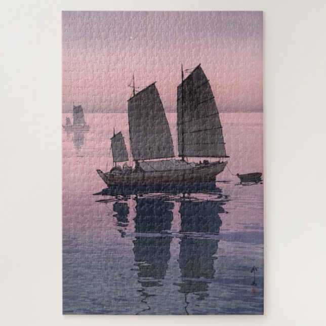Quebra-cabeça ukiyoe - Yoshida - 12 - Barcos à vela - Noite (Vertical)