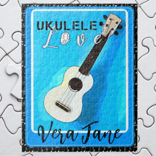 Quebra-cabeça Ukulele ama tons de azul com nome