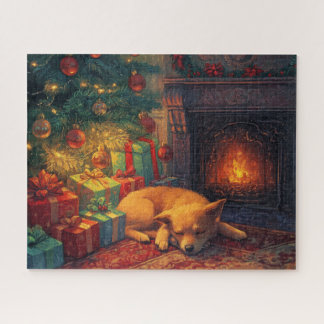 Quebra-cabeça Um adorável cachorrinho dormindo por uma lareira a