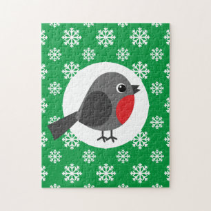Quebra-cabeça Um belo desenho animado Robin com flocos de neve