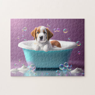 Quebra-cabeça Um cachorrinho bonito numa banheira com bolhas, cr