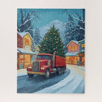 Quebra-cabeça Um caminhão vermelho carregando árvore de Natal