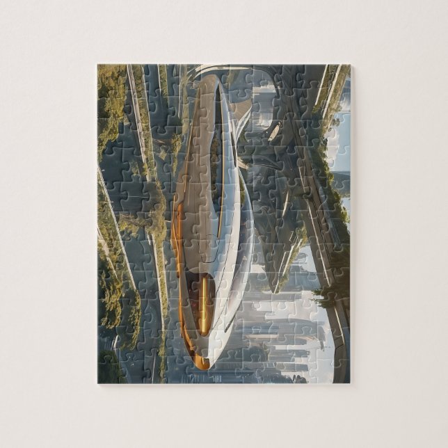 Quebra-cabeça Um carro voador na cidade do futuro. (Vertical)