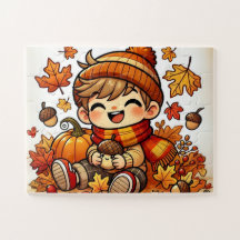 Um garoto sorridente segurando uma bolota no outon