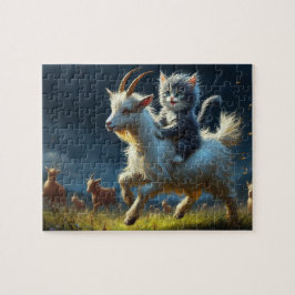 Quebra-cabeça Um gato adorável cavalgando uma cabra