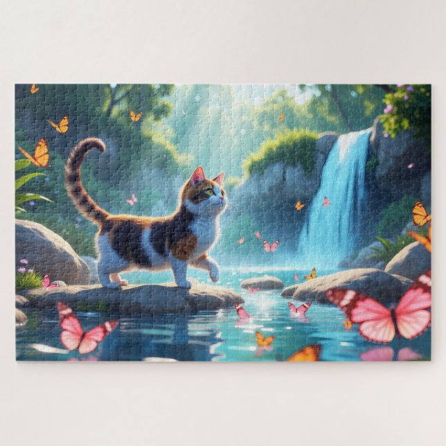 Quebra-cabeça Um Gato De Calico Explora Uma Quebra De Água Da Fl (Horizontal)