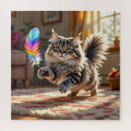 Quebra-cabeça Um gato fofo bonito perseguindo uma pena