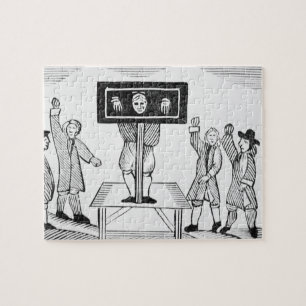 Quebra-cabeça Um homem culpado no Pillory da vila, cópia de um
