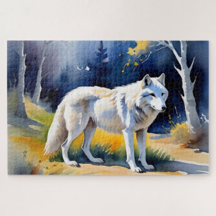 Quebra-cabeça Um lobo numa pintura de aquarela florestal