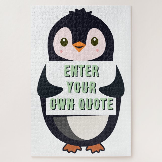Quebra-cabeça Um pinguim segurando um sinal com texto personaliz (Vertical)