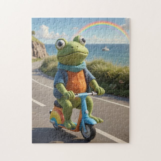 Quebra-cabeça Um sapo tricotado anda numa scooter (Vertical)