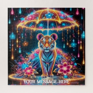 Quebra-cabeça Um tigre de fantasia mágica sob um guarda-chuva