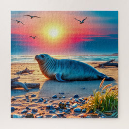 Quebra-cabeça Uma foca se aquecendo em uma praia arenosa