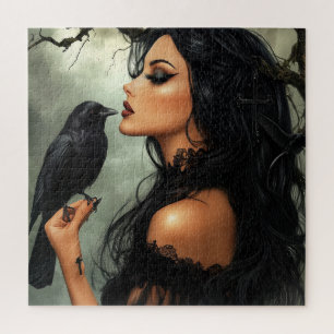 Quebra-cabeça Uma linda mulher gótica com corvo
