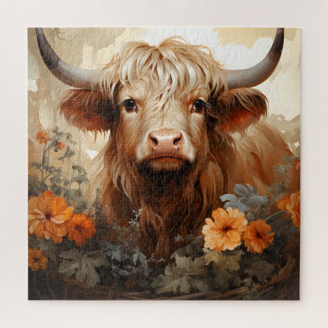 Quebra-cabeça Uma Série de Design de Vaca das Terras Altas Flora (Vertical)