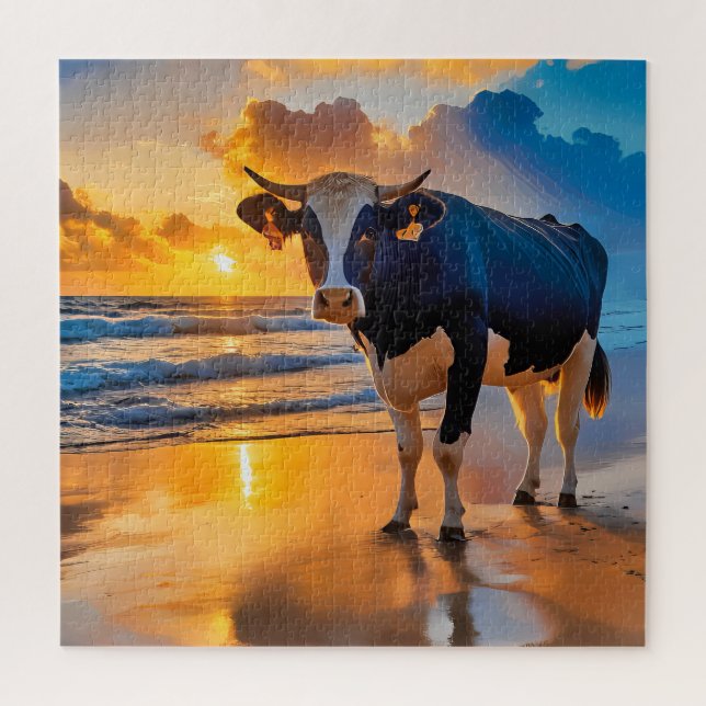 Quebra-cabeça Uma vaca em uma praia iluminada pelo sol (Vertical)