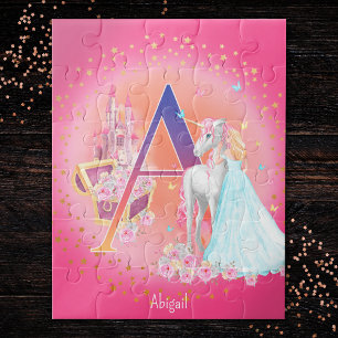 Quebra-cabeça Unicorn and Princess with Castle Letter A Monogram