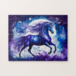 Quebra-cabeça Unicórnio Azul Majestoso Boho Aquarela Sob Estrela