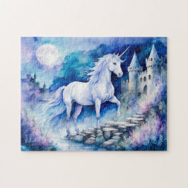 Quebra-cabeça Unicórnio Branco Boho Aquarela Perto de Antigo Cas
