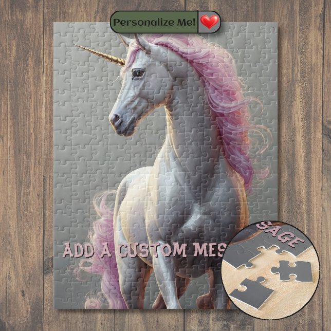 Quebra-cabeça Unicórnio Branco Personalizado com Crina Rosa (Personalized White Unicorn with Pink Mane Jigsaw Puzzle)