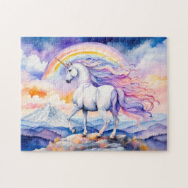 Quebra-cabeça Unicórnio sob Nuvens de Arco-íris Pastel Suave