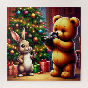 Quebra-cabeça Urso Adorável e Coelho Capturando o Natal