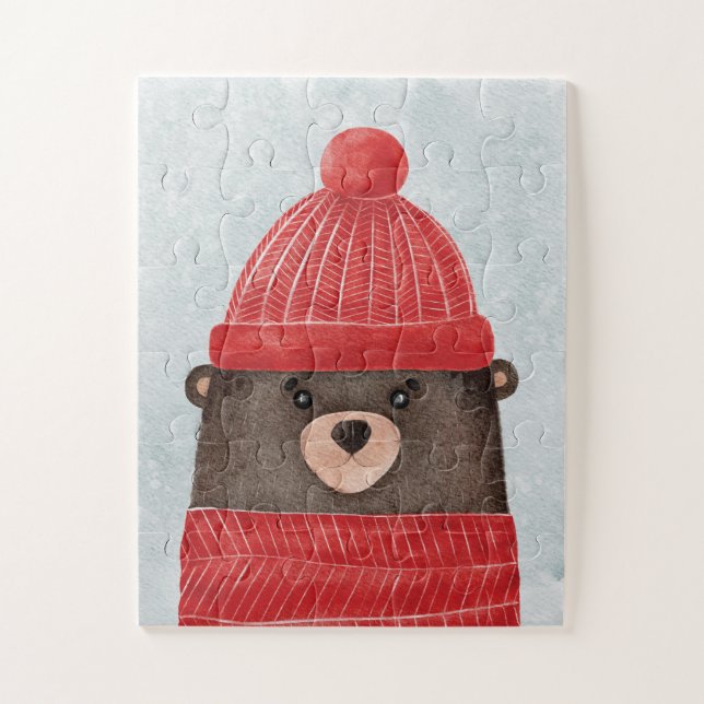 Quebra-cabeça Urso bonitinho de aquarela. Floresta de Natal (Vertical)