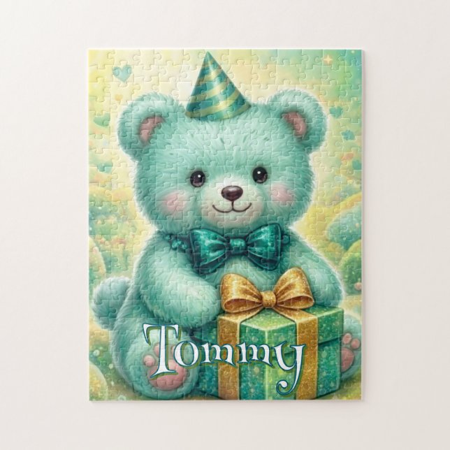 Quebra-cabeça Urso de pelúcia aniversário Turquesa Verde Menta  (Vertical)