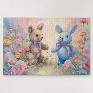 Quebra-cabeça Urso de pelúcia e coelho num jardim de pastel