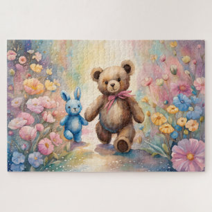 Quebra-cabeça Urso de pelúcia e coelho num jardim de pastel