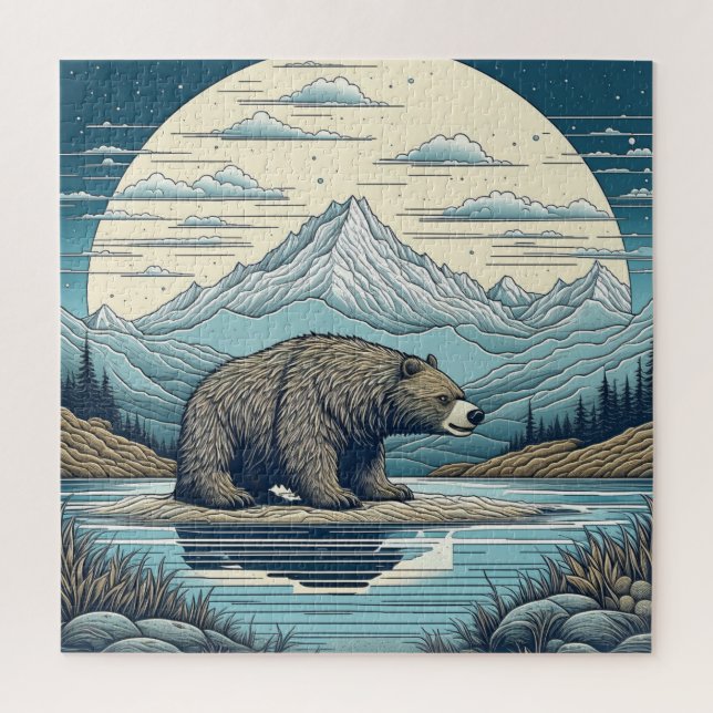 Quebra-cabeça Urso, Montanhas, Lago, Lua Cheia, Arte Ai (Vertical)