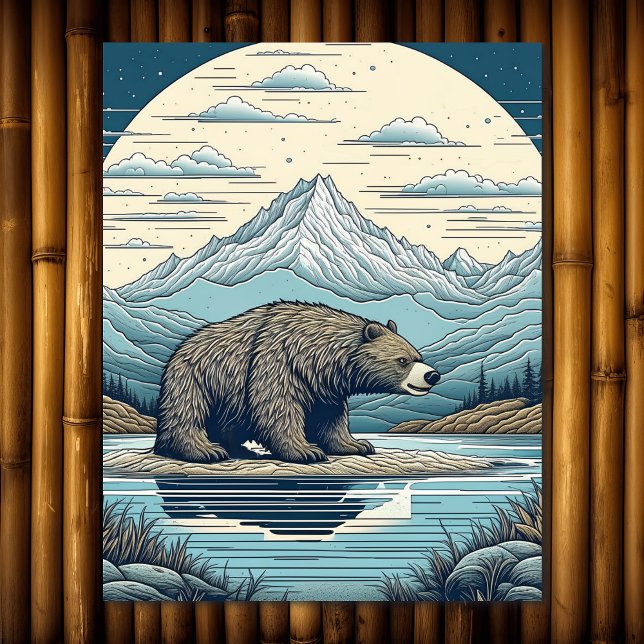 Quebra-cabeça Urso, Montanhas, Lago, Lua Cheia, Arte Ai (Criador carregado)