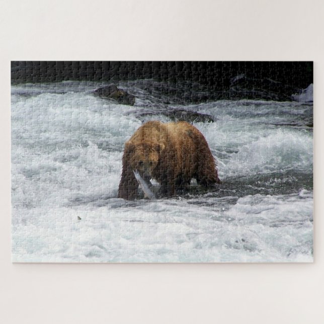 Quebra-cabeça Urso Pardo Alasca Salmão Pesca Vida Selvagem (Horizontal)